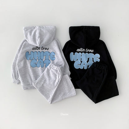 [PRE-ORDER] White Cat Hoodie Top Bottom Set