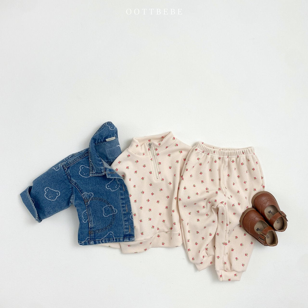 Flower Waffle Anorak Bottom Set [Cream/S(2-3yr)]