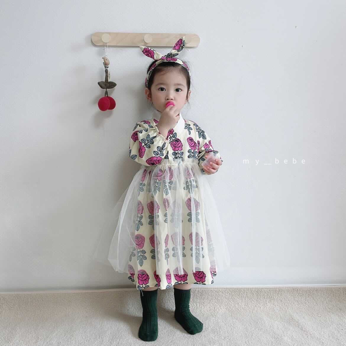 Floral Dress Hanbok + Hair Band Set [M(3-4yr)]