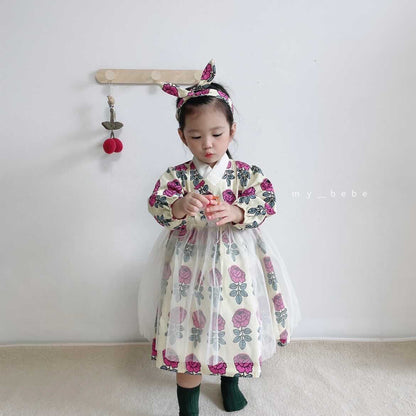 Floral Dress Hanbok + Hair Band Set [M(3-4yr)]