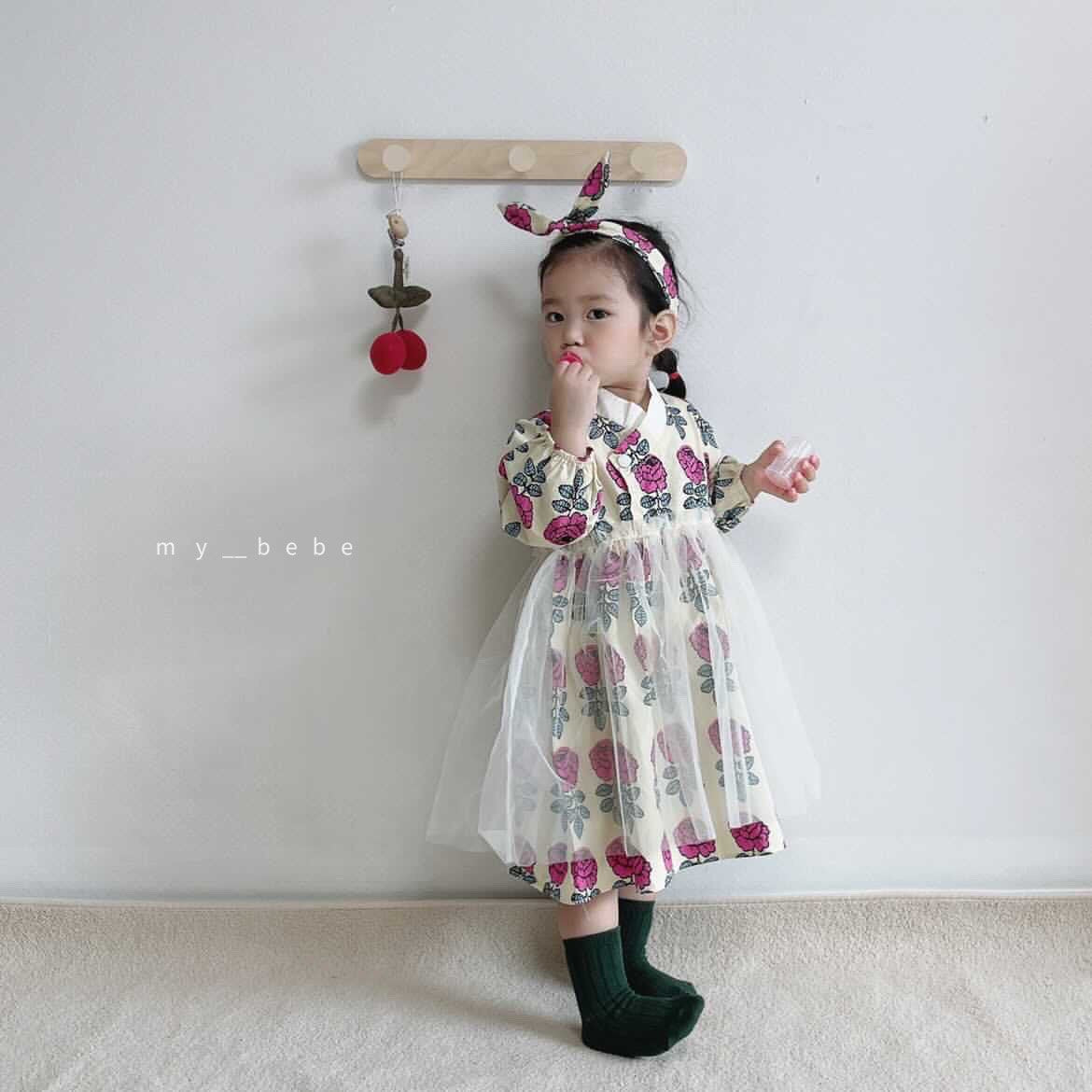 Floral Dress Hanbok + Hair Band Set [M(3-4yr)]