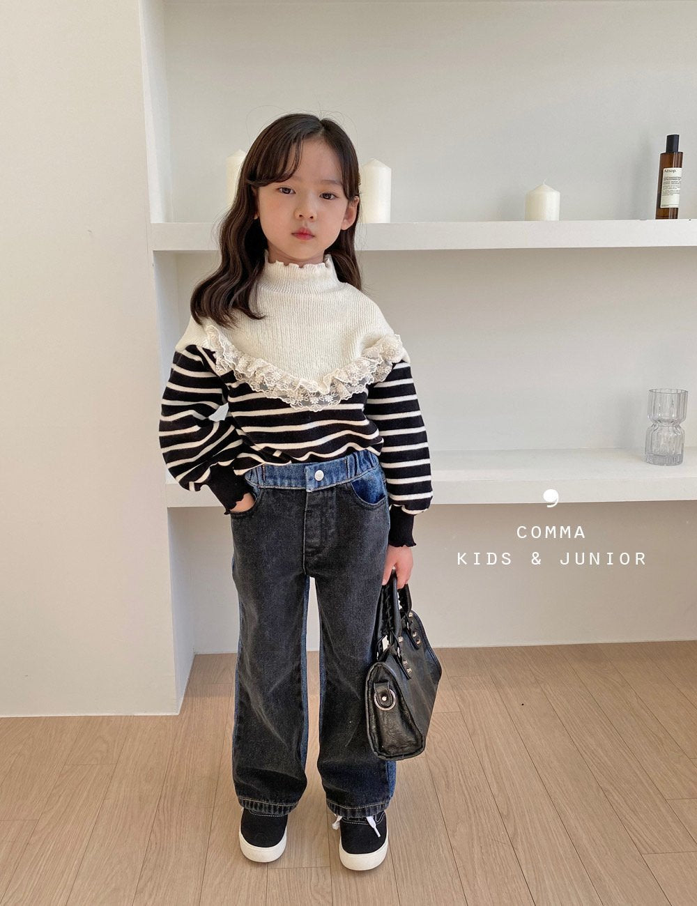 V Mix Sweatshirt [Cream+Black Stripe/S(2-3yr)]