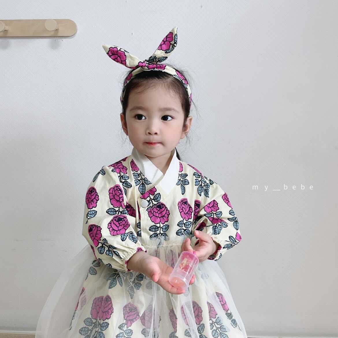 Floral Dress Hanbok + Hair Band Set [M(3-4yr)]