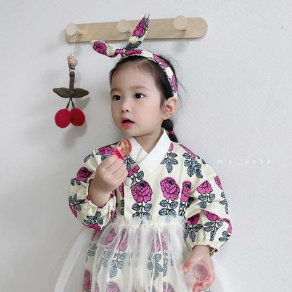 Floral Dress Hanbok + Hair Band Set [M(3-4yr)]